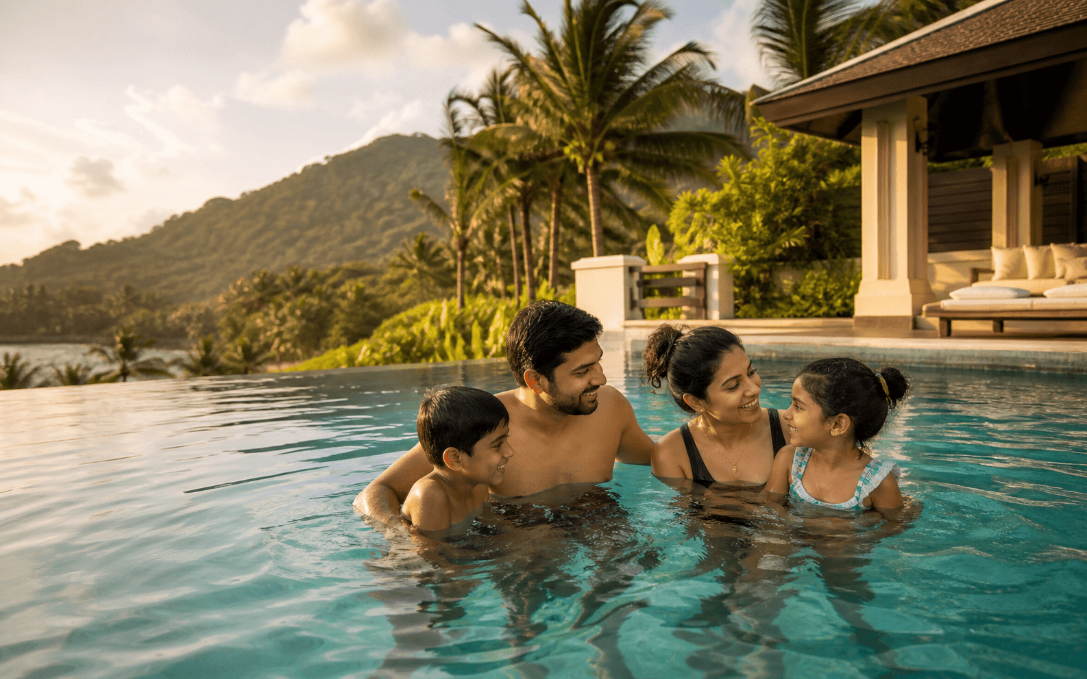 Family creating memories together during a sunset beach holiday