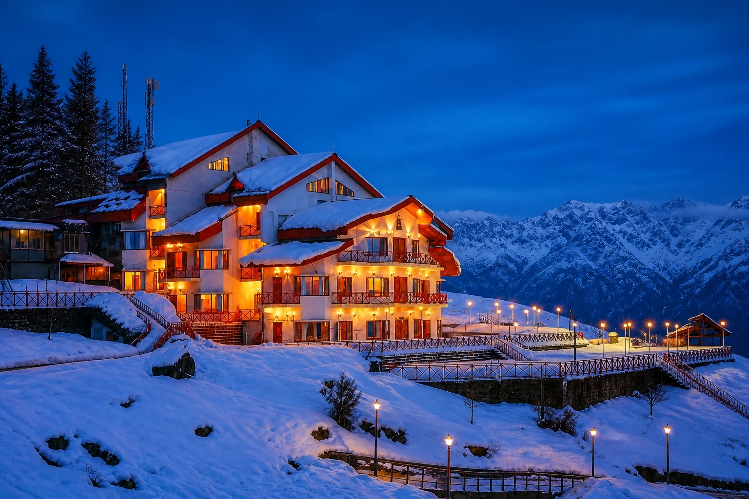 Cliff Top Club in Auli illuminated during the blue hour