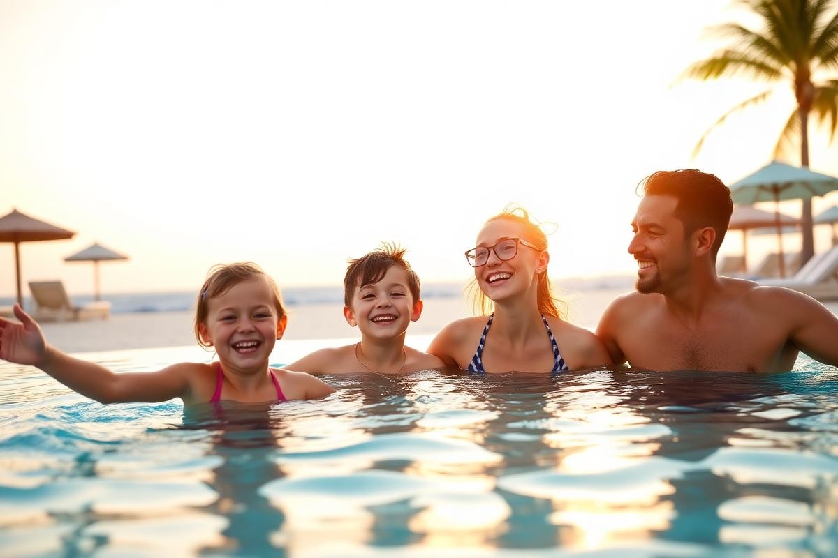 Family enjoying time together at a tropical resort pool