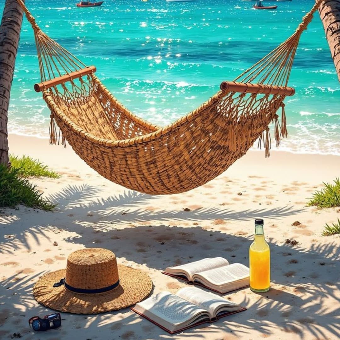 A hammock beside bright tropical water