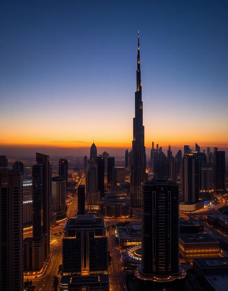 Dubai skyline featuring the Burj Khalifa at sunset
