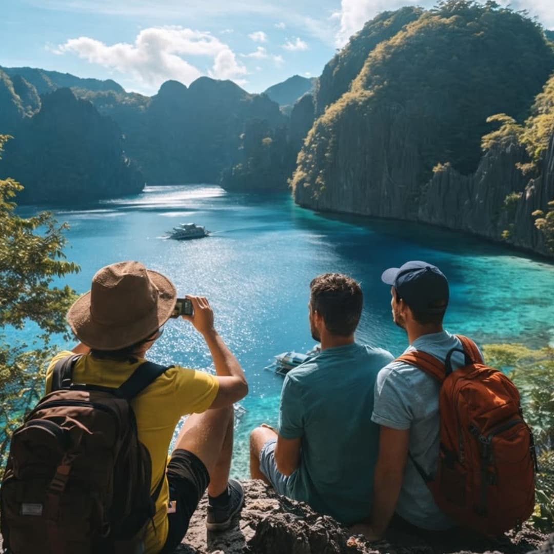 Travellers overlooking a dramatic tropical bay