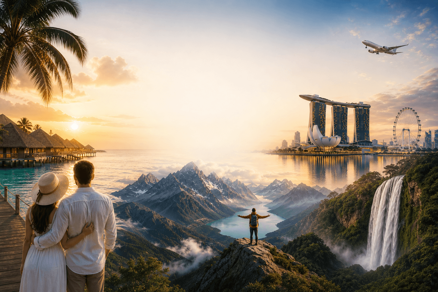A premium travel collage featuring an island resort, mountains, a waterfall, and a waterfront skyline