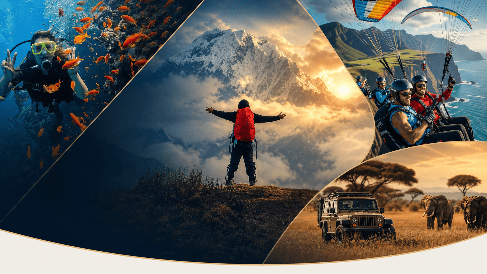 A premium adventure collage featuring trekking, scuba diving, paragliding and a wildlife safari