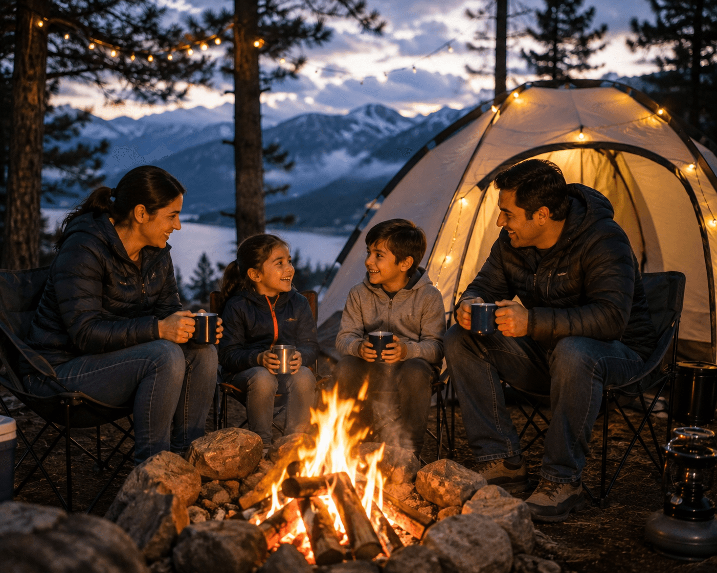 A family of four camping beside a mountain lake