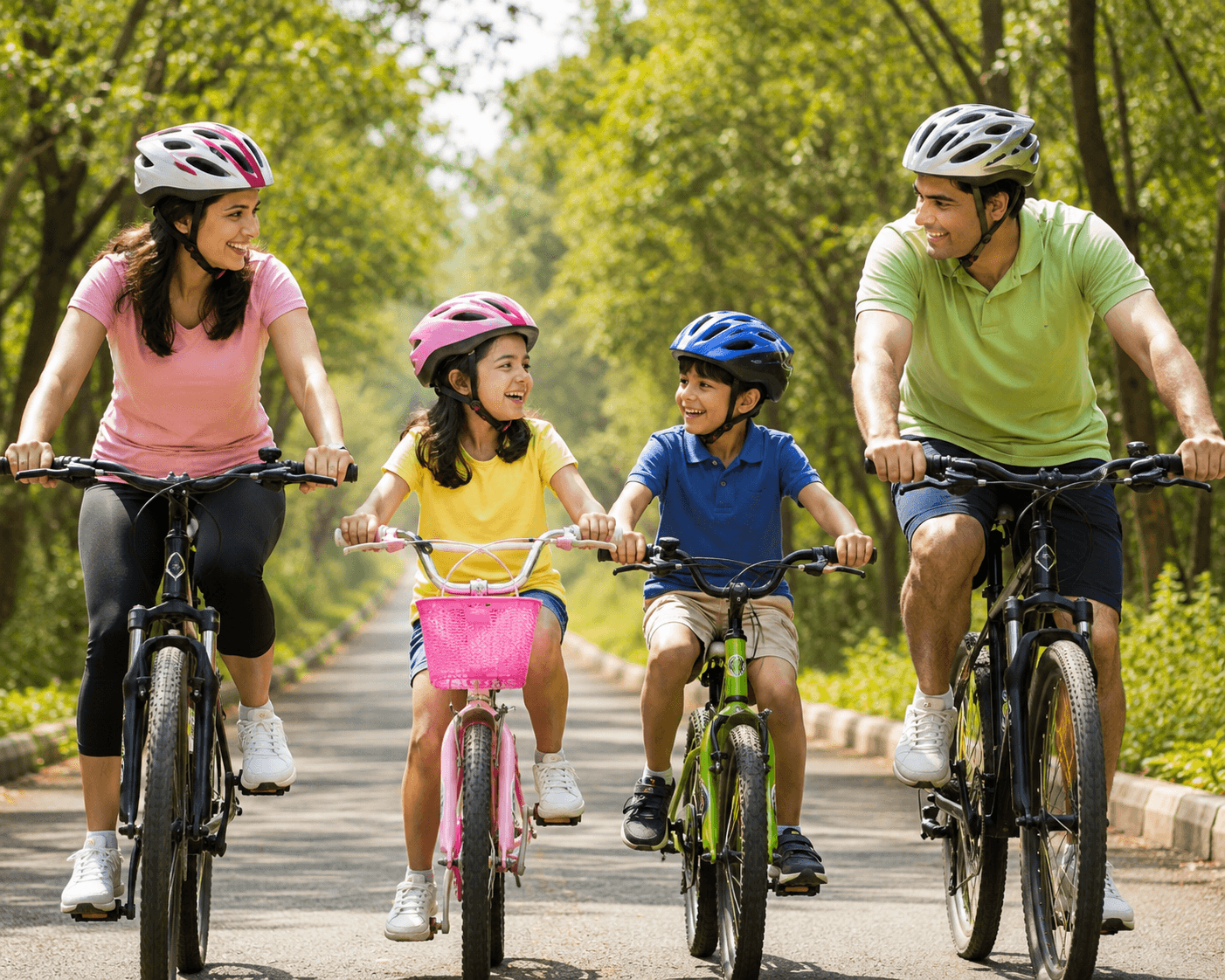 A family of four cycling together through a green park