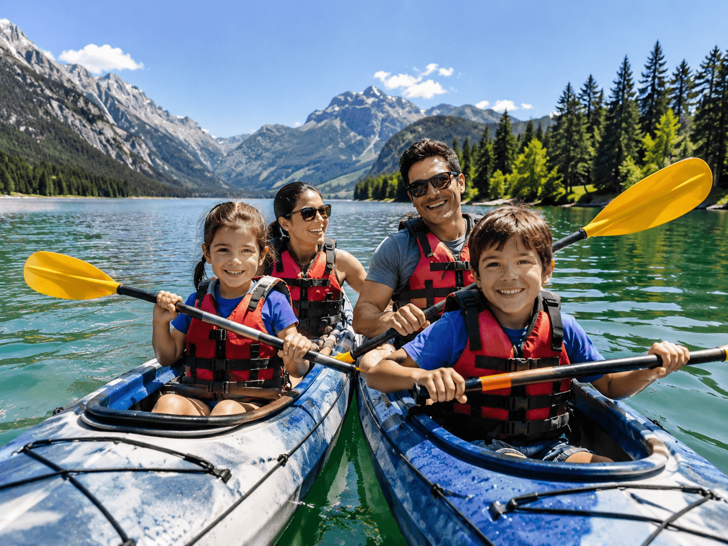 A family kayaking together on a clear mountain lake