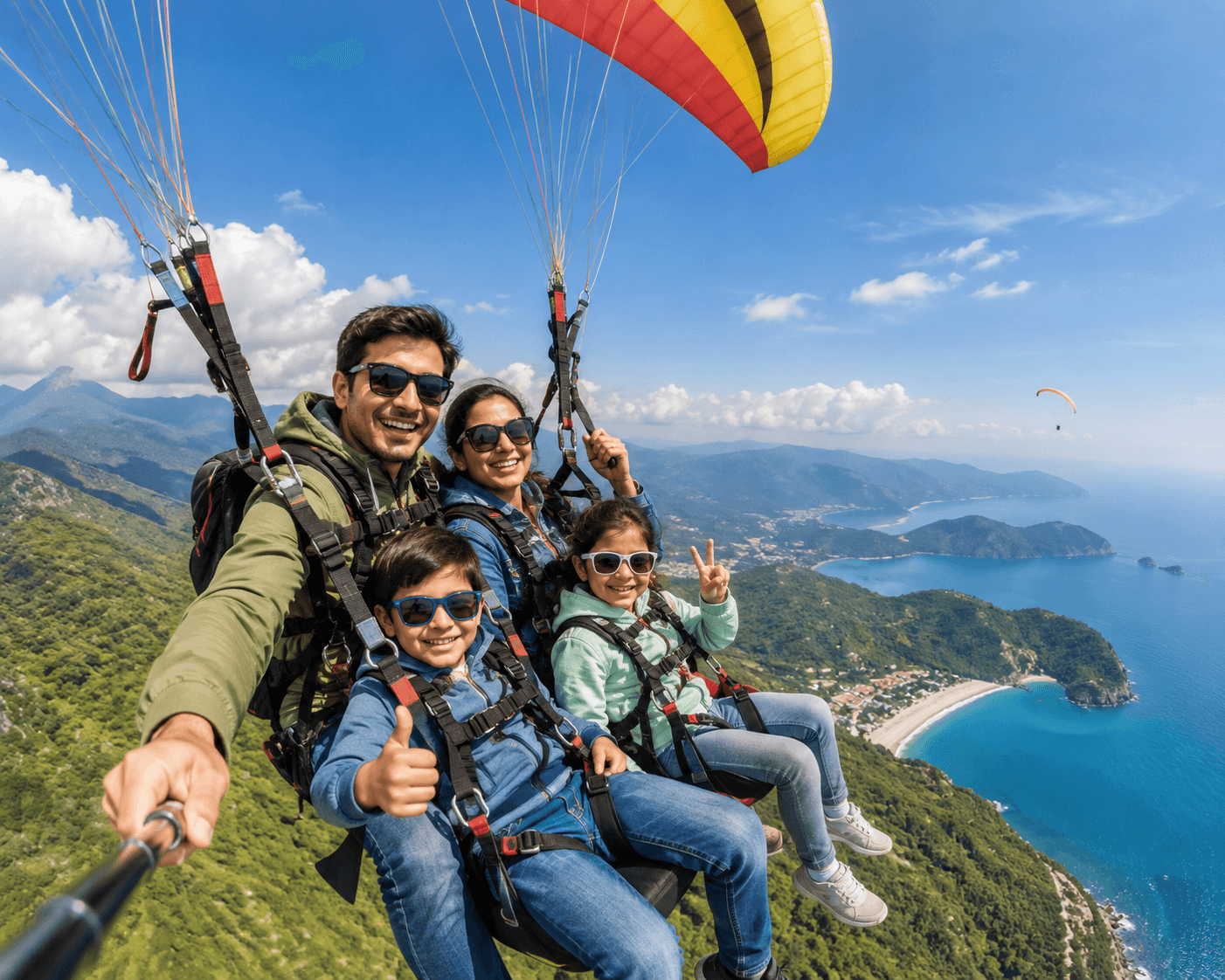 A family paragliding above a scenic mountain coastline