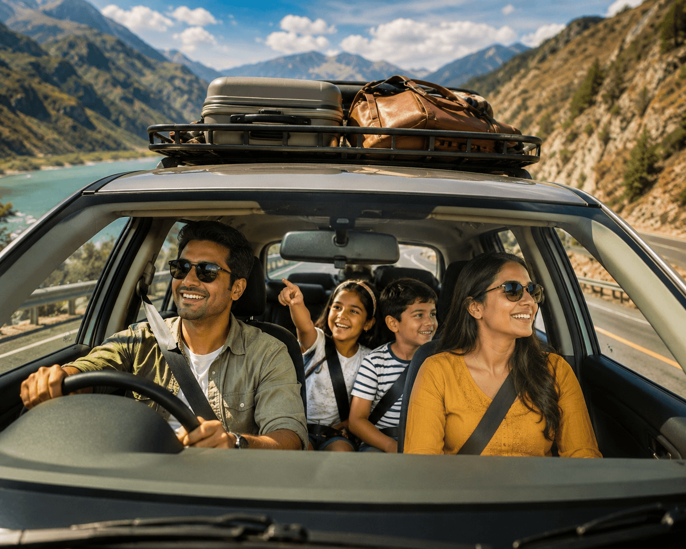 A family of four enjoying a mountain road trip