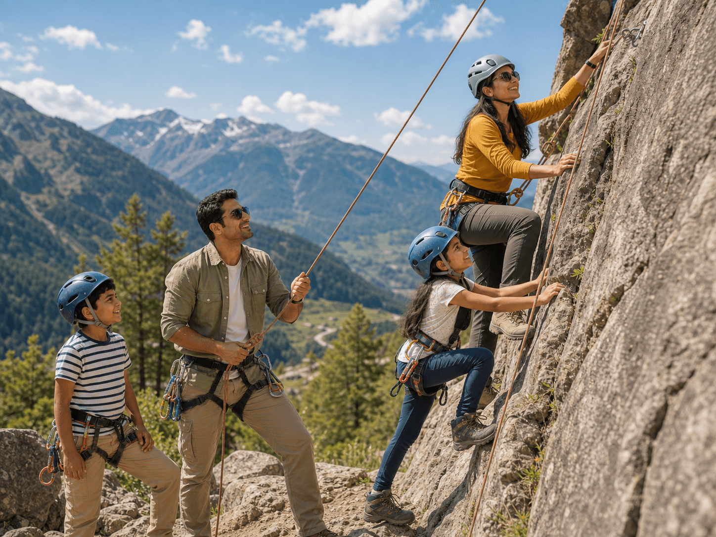 A family of four enjoying a supervised mountain rock-climbing activity