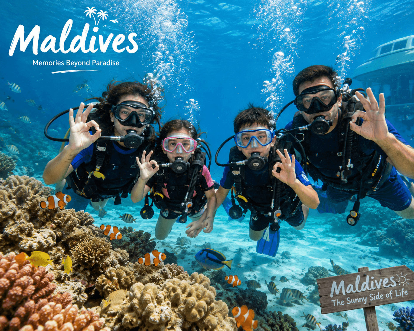 A family scuba diving together above a colourful coral reef