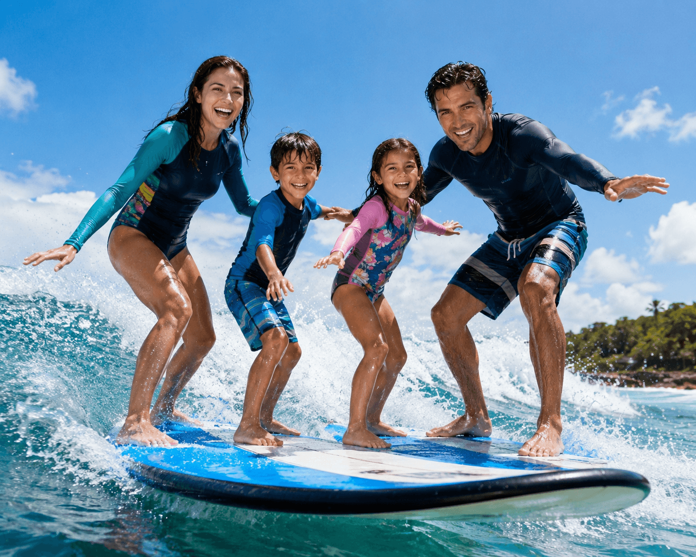 A family of four learning to surf together