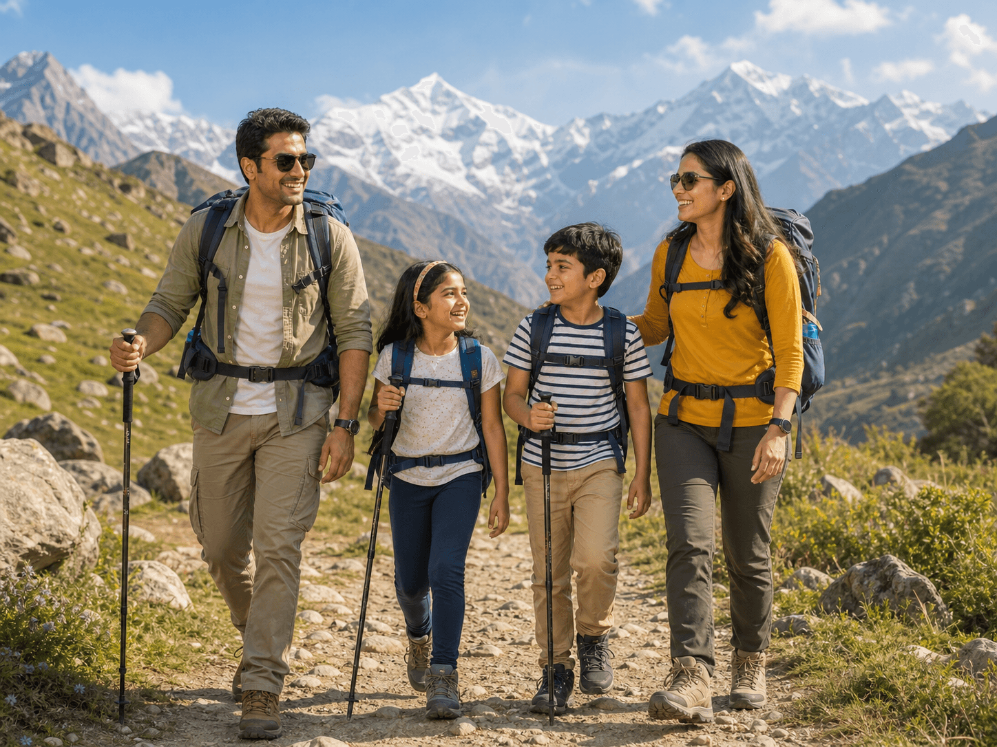 A family of four trekking together in the Himalayas
