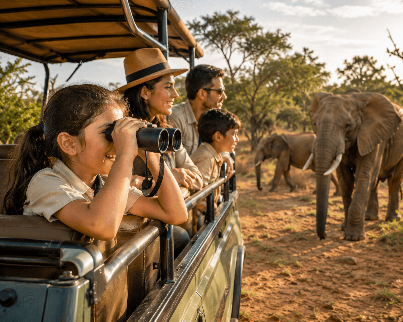 A family watching elephants during a wildlife safari