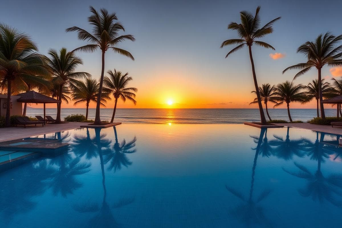 Coastal resort pool overlooking a warm sunset