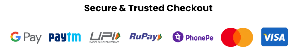 Accepted payment methods: Google Pay, Paytm, UPI, RuPay, PhonePe, Mastercard, and Visa