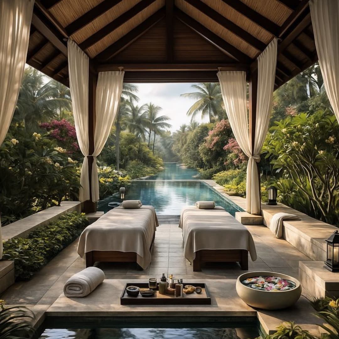 Open-air wellness retreat surrounded by tropical greenery